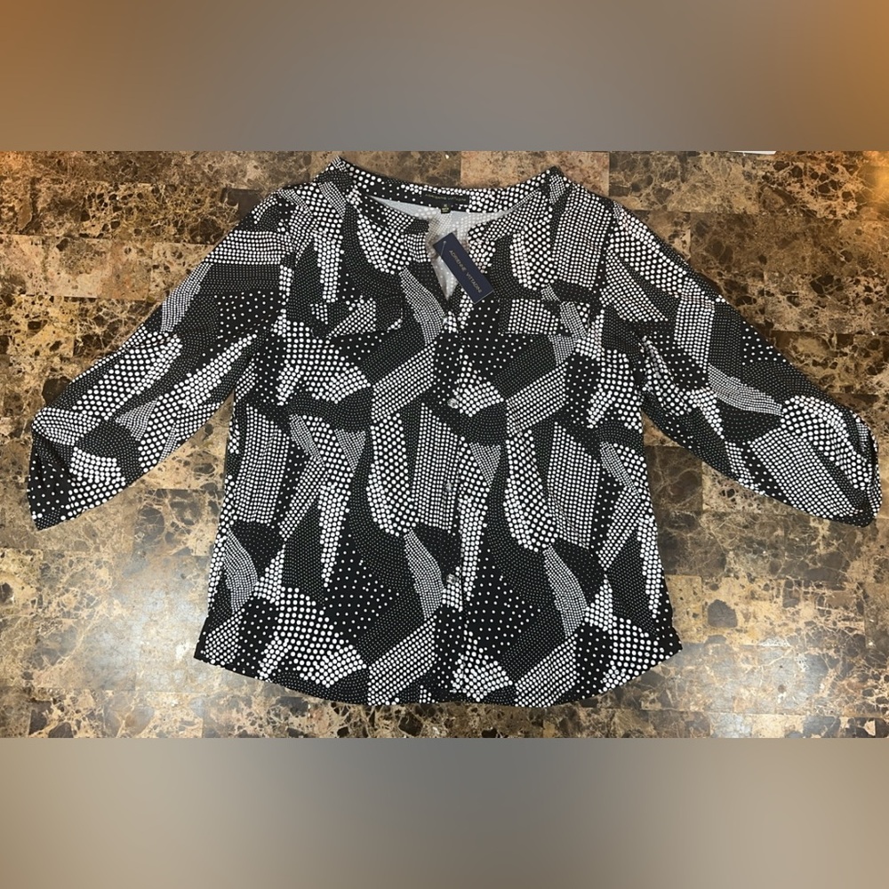 Adrienne Vittadini Black And White Polkadot Sleeve Blouse Top Shirt Button